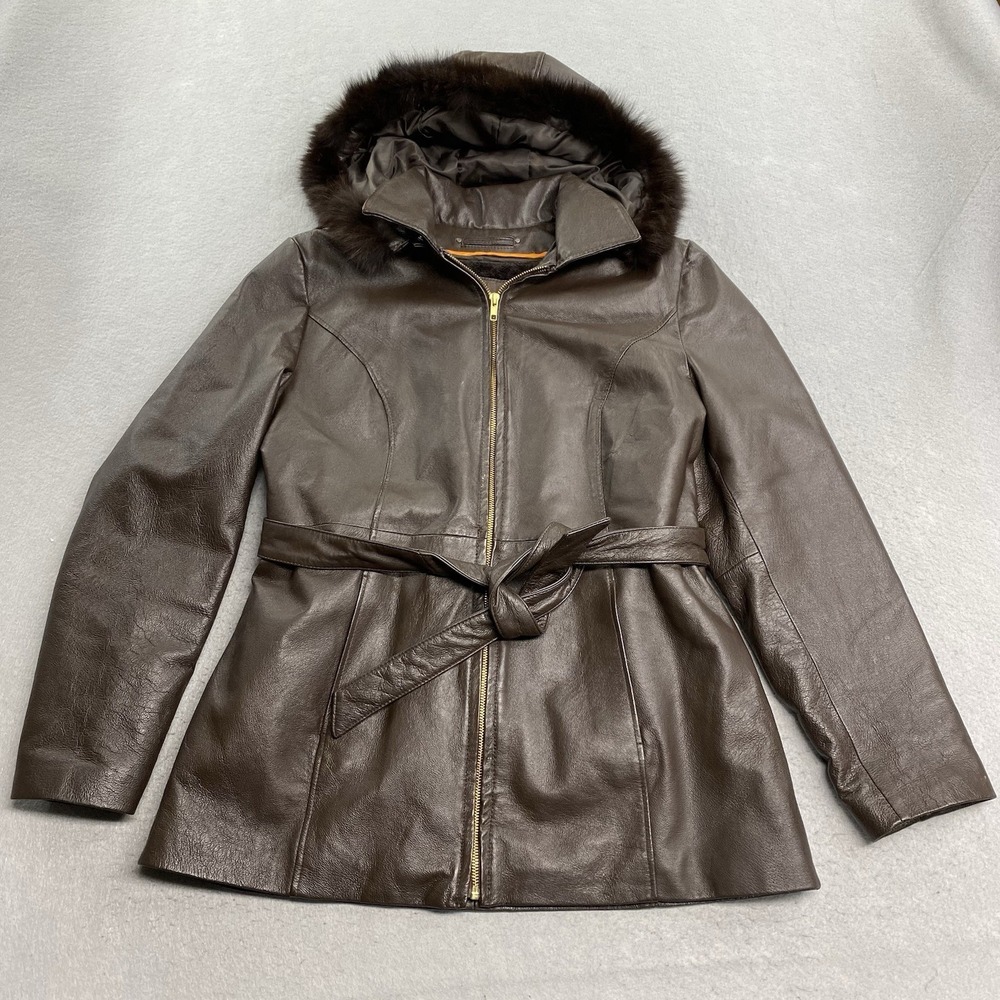 Sergio Beninni Jacket Women Large Brown Leather Removable Lining & Hood Belted